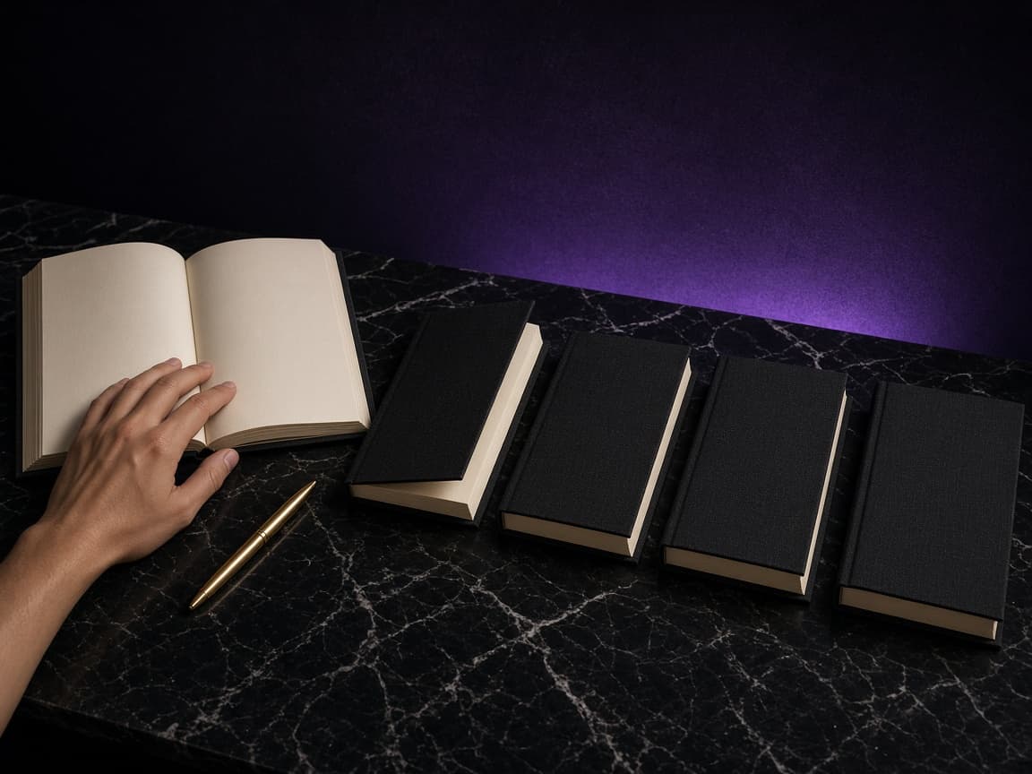 Five black lesson books in a row on marble, the first one open
