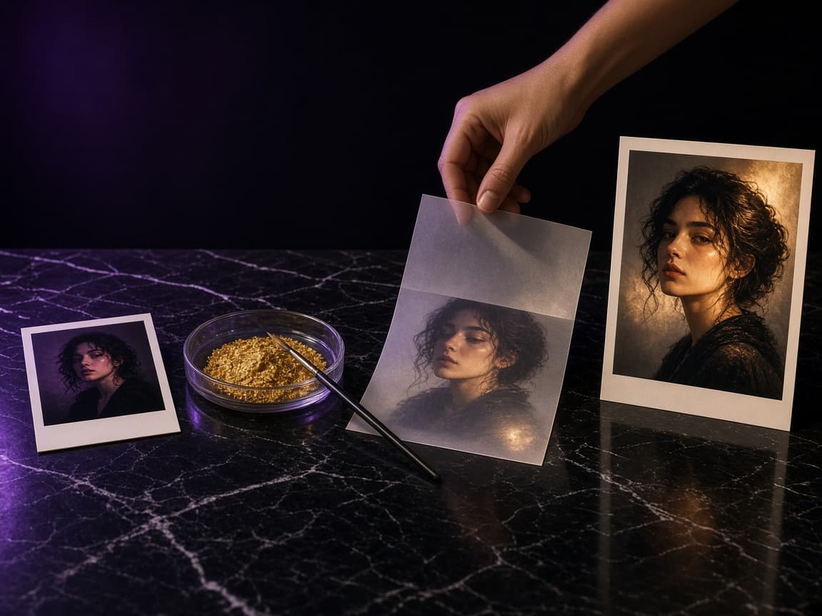 Four steps on a marble table, from a raw photo to a finished portrait